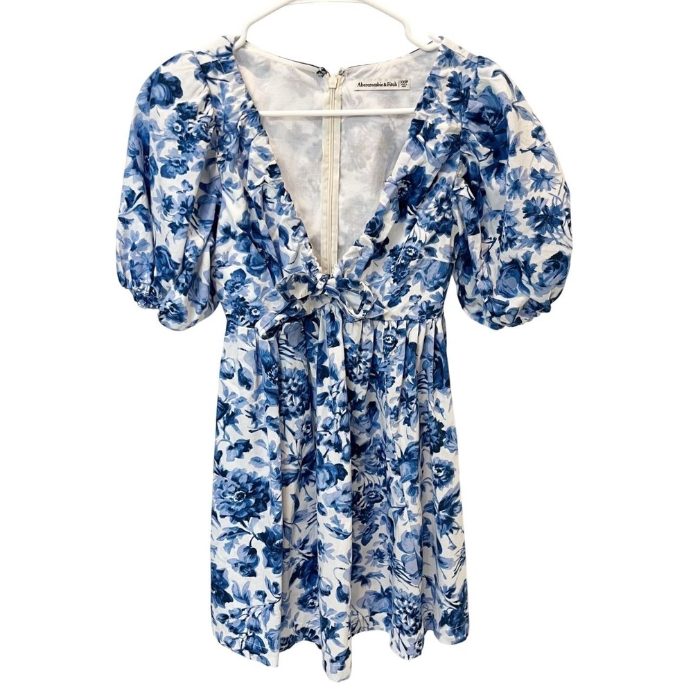 Abercrombie & Fitch Blue White Floral Bow Tie Puff Sleeve A-Line Dress Size XXSP